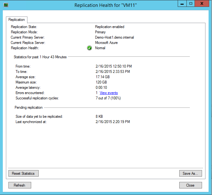 Monitoring replication of a Hyper-V virtual machine to Azure. (Image Credit: Aidan Finn)