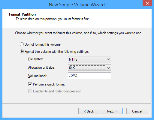 Formatting a new volume with a 64 KB allocation unit size. (Image Credit: Aidan Finn) (Image Credit: Aidan Finn)