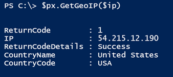 Providing an IP address as a parameter for GetGeoIP. (Image Credit: Jeff Hicks)