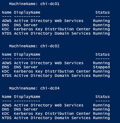 A quick service check of domain controllers. (Image Credit: Jeff Hicks)
