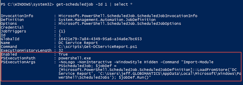 The scheduled job execution details in Windows PowerShell. (Image Credit: Jeff Hicks)