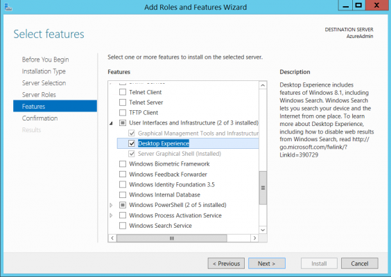 Adding the Desktop Experience feature to WS2012 R2 (Image Credit: Aidan Finn)