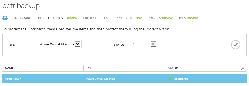 An Azure virtual machine is registered for backup [Image Credit: Aidan Finn]
