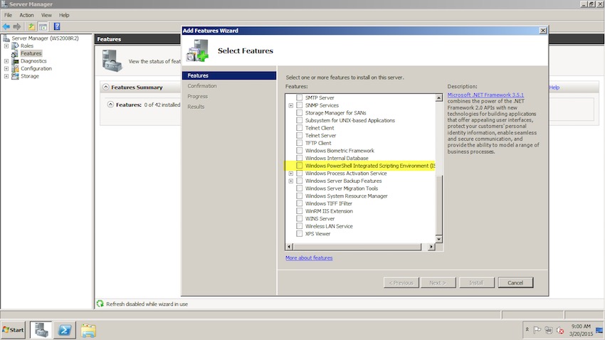 Figure 1: We can load or unload the ISE, but we can't remove Windows PowerShell v2 from Windows Server 2008 R2. (Image: Tim Warner)