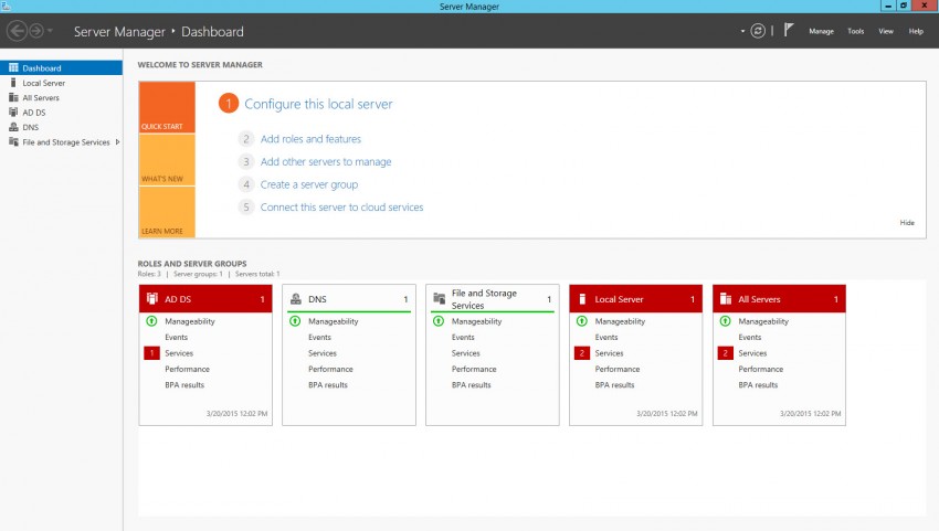 Server Manager provides a handy visual overview of an environment in Windows Server 2012 R2 (Image Credit: Russell Smith)