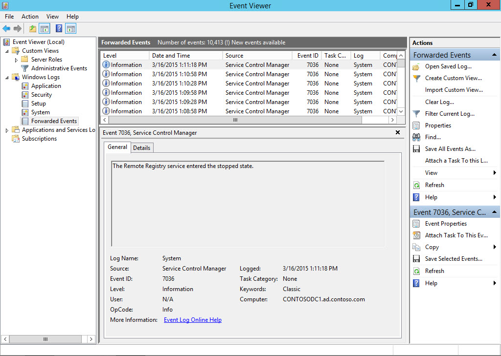 See Forwarded Events in the Event View console in Windows Server 2012 R2 (Image Credit: Russell Smith)