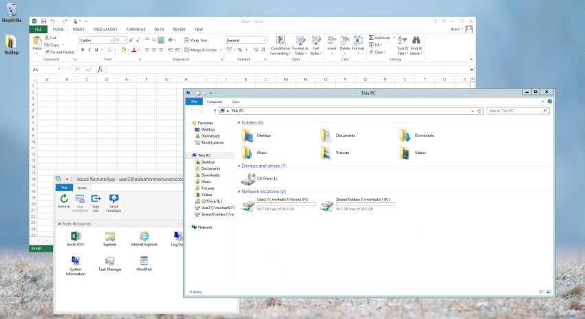 Running Excel and Windows Explorer in Azure via RemoteApp on a PC. (Image Credit: Aidan Finn)