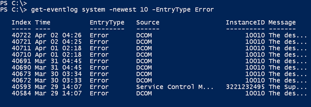 PowerShell's get-eventlog default display. (Image Credit: Jeff Hicks)