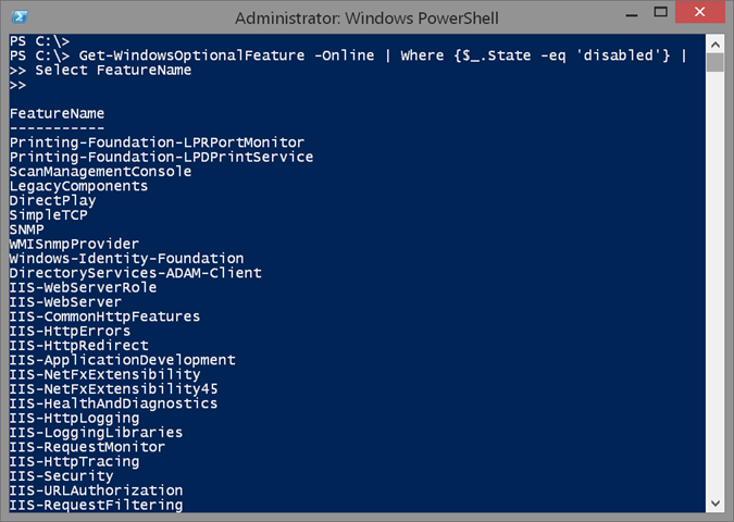 The get-windowsoptionalfeature cmdlet in Windows PowerShell. (Image Credit: Jeff Hicks)