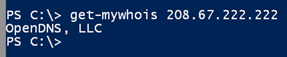 The get-mywhois function in Windows PowerShell. (Image Credit: Jeff Hicks)