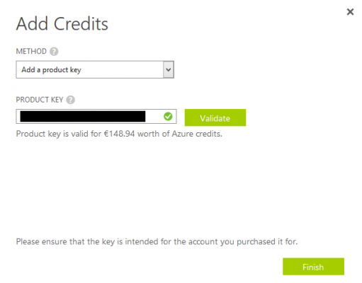 Enter the new Azure credit product key (Image Credit: Aidan Finn)