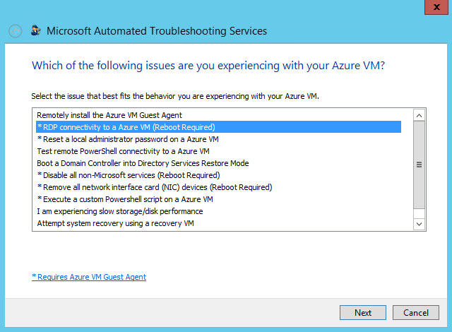 Choose the type of fix you want to run on the remote Azure VM (Image Credit: Russell Smith)