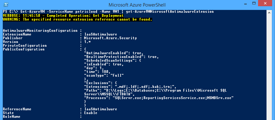 Verifying the installation and configuration of Microsoft Anti-Malware in an Azure virtual machine (Image Credit: Aidan Finn)