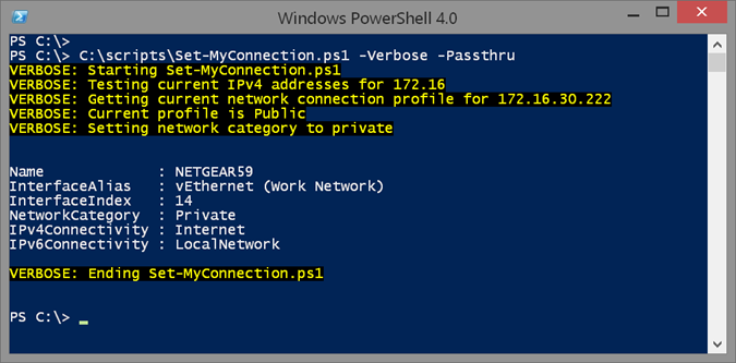 The Set-MyConnection PowerShell script in action. (Image Credit: Jeff Hicks)