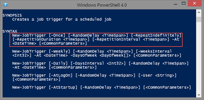 New-JobTrigger information in Windows PowerShell. (Image Credit: Jeff Hicks)