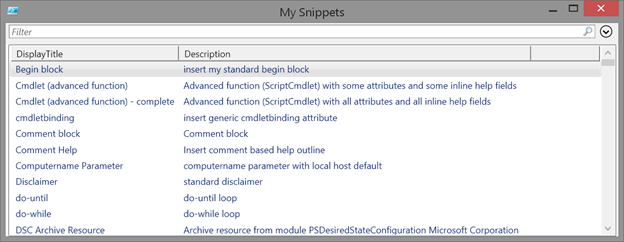 Viewing available snippets in GridView. (Image Credit: Jeff Hicks)