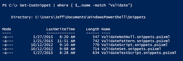 Searching for a snippet with the PowerShell Get-ISESnippet cmdlet. (Image Credit: Jeff Hicks)