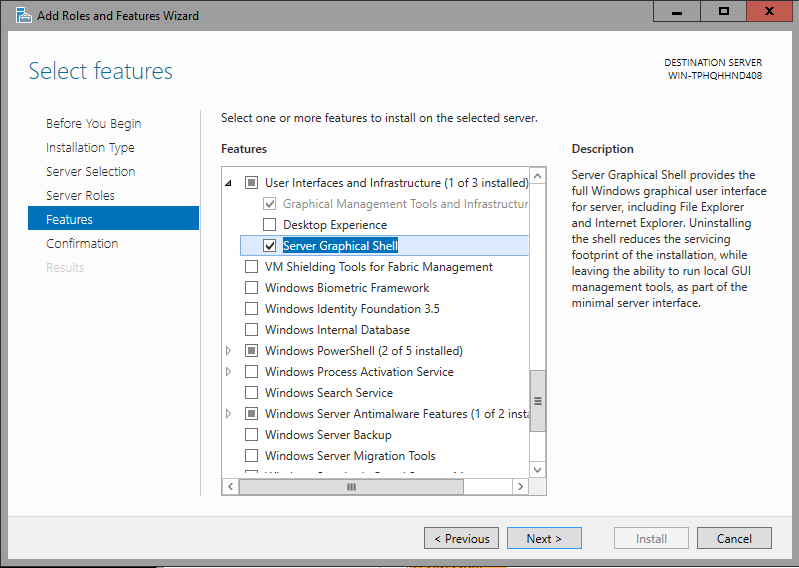Using Server Manager to add the full UI to Windows Server 2016 Technical Preview 2 (Image Credit: Aidan Finn)