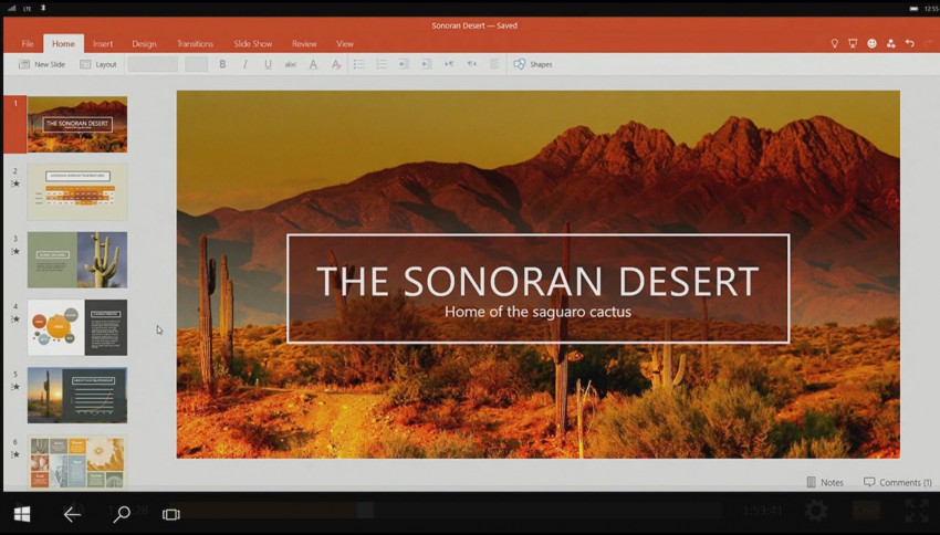 PowerPoint running on Windows Mobile 10 shows how it adapts to a PC-like experience when connected to a large display (Image Credit: Russell Smith)