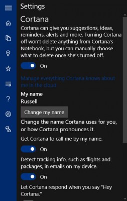 Cortana settings (Image Credit: Russell Smith)