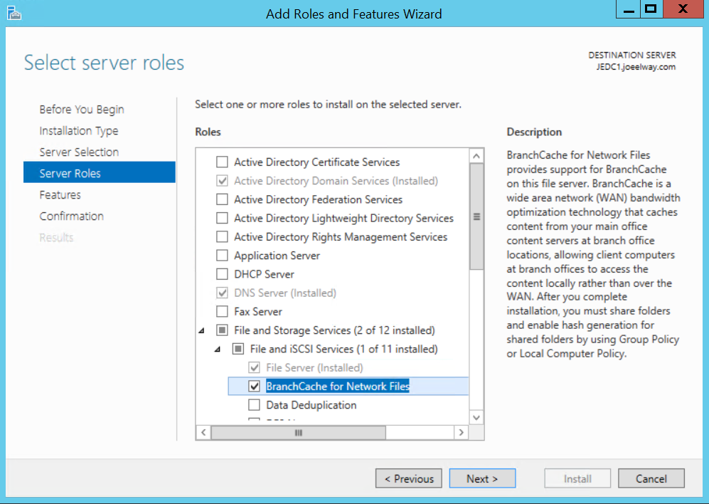 Enabling BranchCache for Network Files on the file server (Image Credit: Aidan Finn)