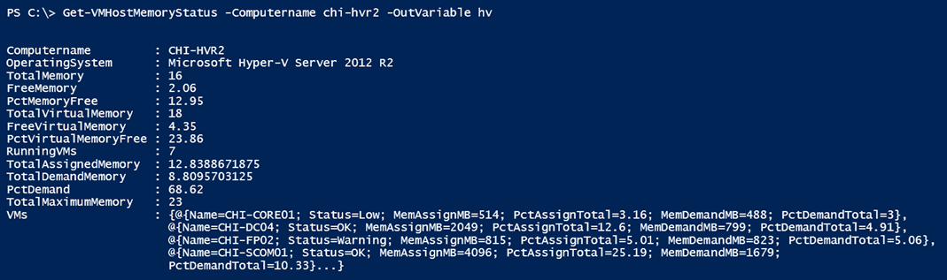 Getting Hyper-V host memory status (Image Credit: Jeff Hicks)