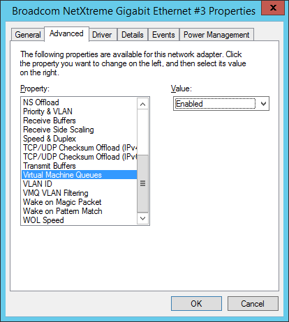 Disable VMQ in the NIC settings > Configure > Advanced [Image credit: Aidan Finn]