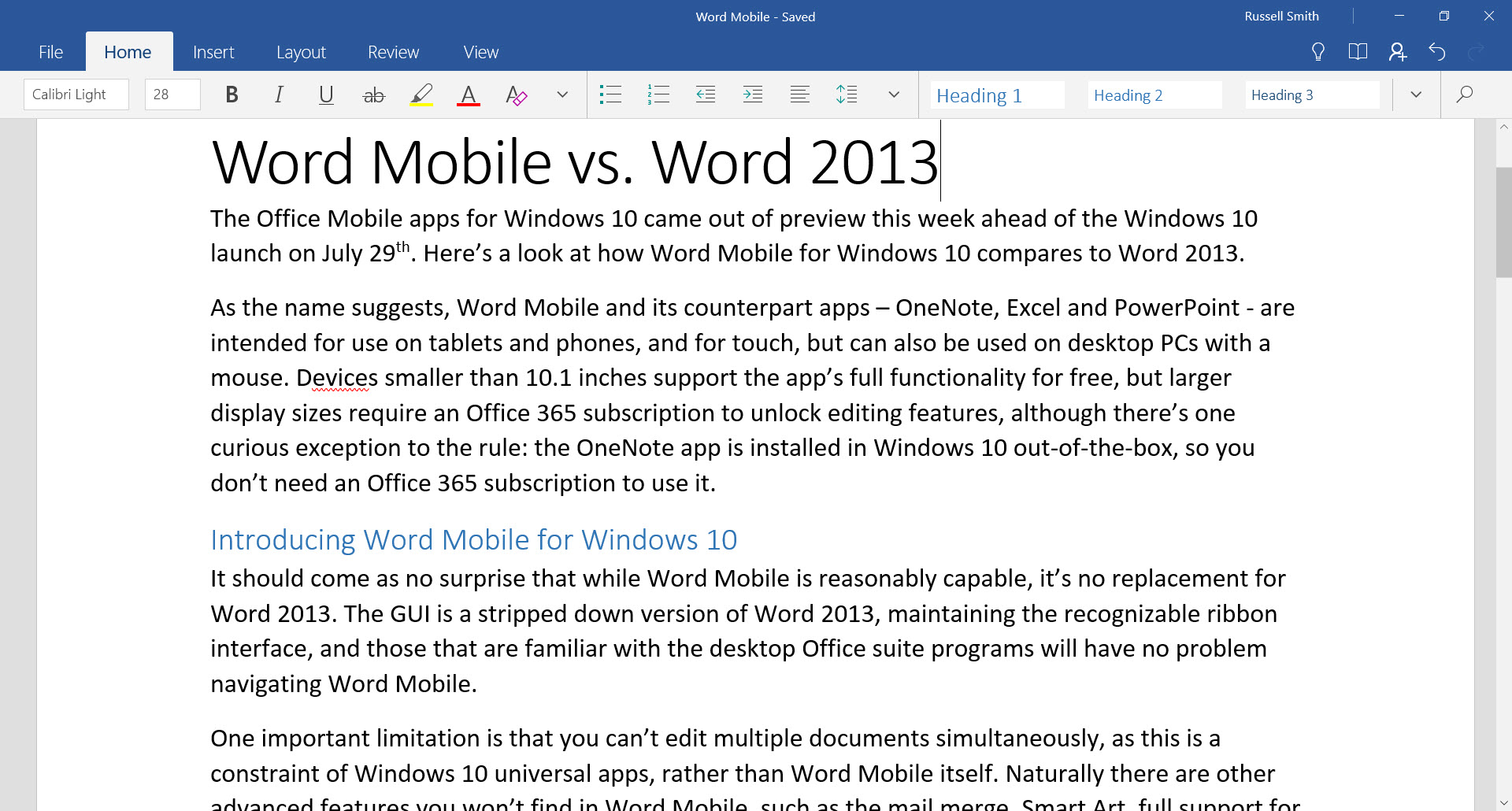 The Word Mobile interface on Windows 10 (Image Credit: Russell Smith)