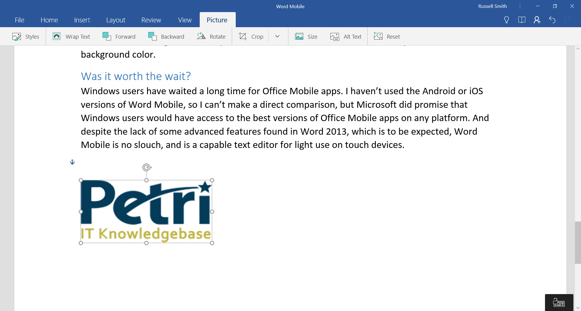 Editing images in Word Mobile (Image Credit: Russell Smith)