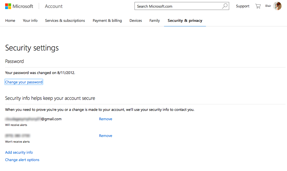 Microsoft account security settings. (Image Credit: Blair Greenwood)