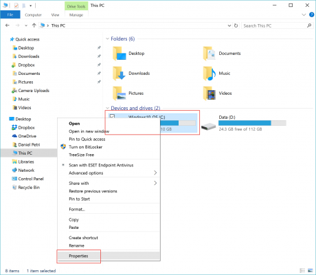 Selecting properties for the C: drive. (Image Credit: Daniel Petri)
