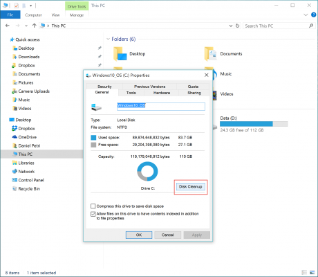 Selecting the Disk Cleanup option in Windows 10. (Image Credit: Daniel Petri)