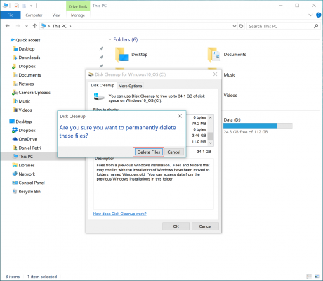 Deleting files with the Windows 10 Disk Cleanup option. (Image Credit: Daniel Petri)