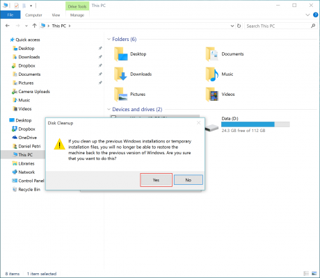 By deleting temporary files, you acknowledge that Windows 10 can no longer revert to the previous OS. (Image Credit: Daniel Petri)