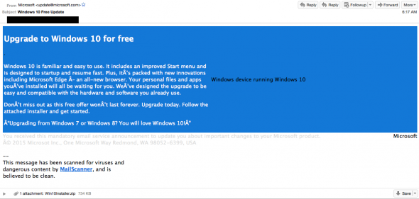 Windows 10 phishing scam email. (Image Credit: Cisco)