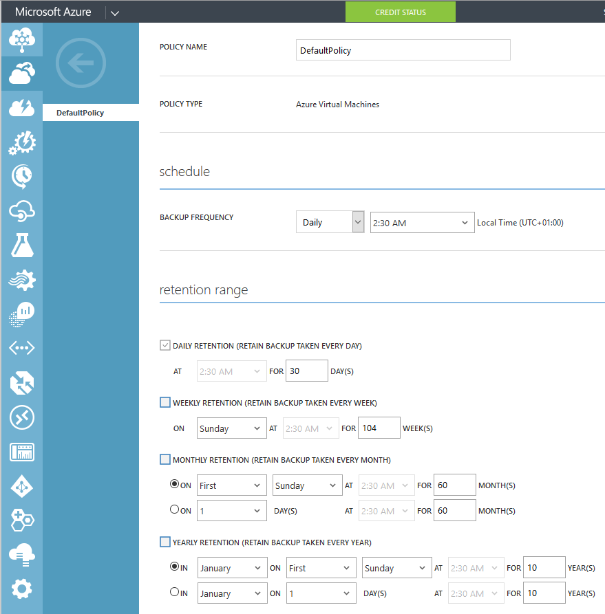 The default protection policy for Azure IaaS virtual machines (Image Credit: Aidan Finn)