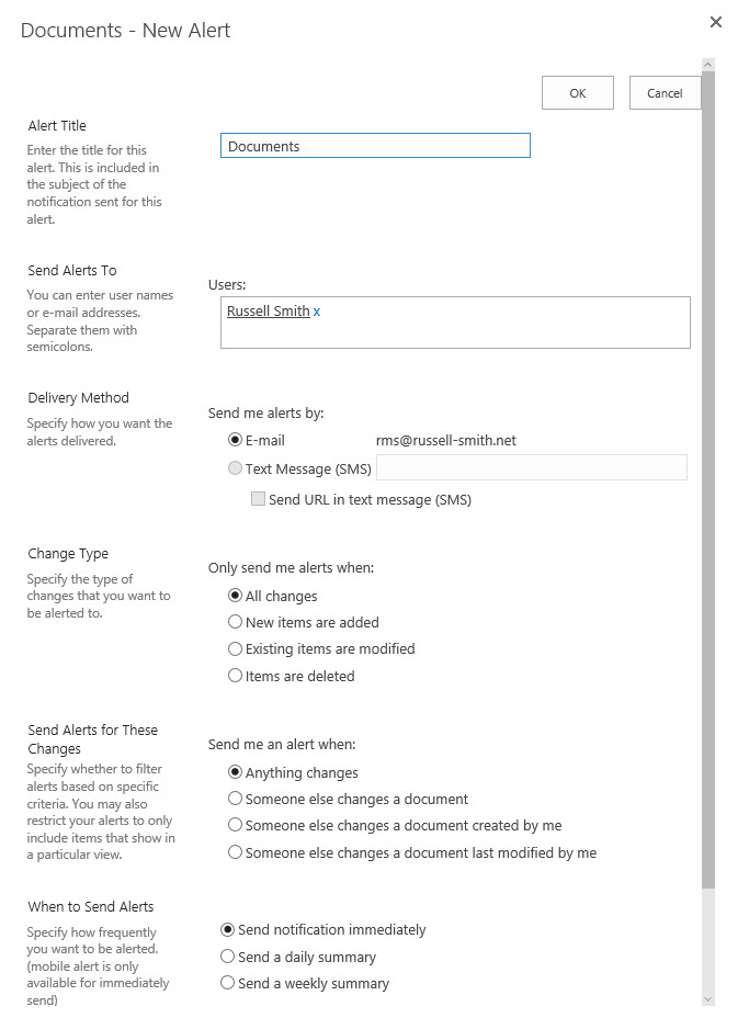 Setting up User Alerts in SharePoint Online (Image Credit: Russell Smith)