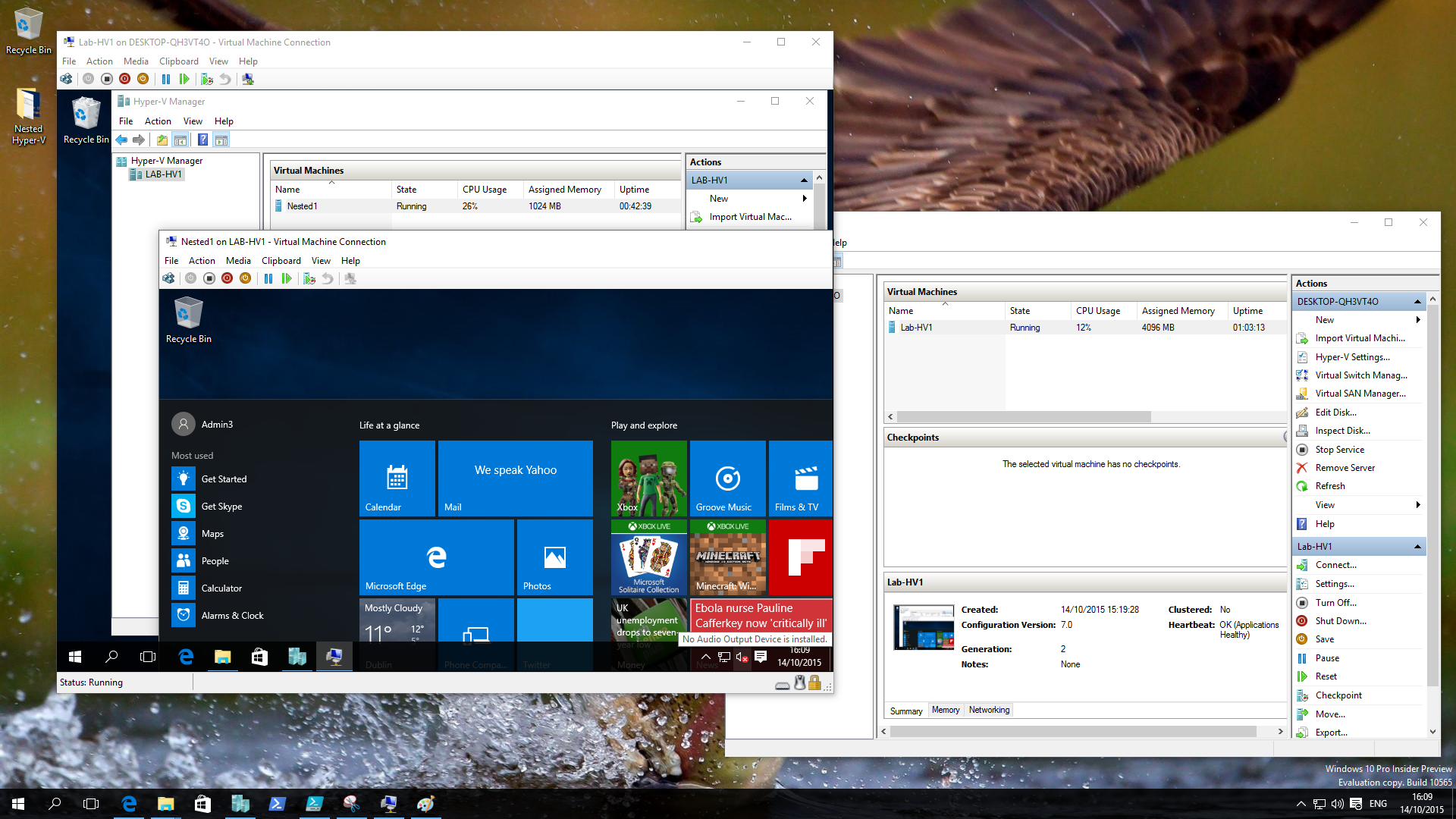 A VM, running in a VM, on a Windows 10 Build 10565 Hyper-V host (Image Credit: Aidan Finn)