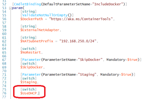 The default DHCP parameter in Install-ContainerHost.ps1 (Image Credit: Aidan Finn)