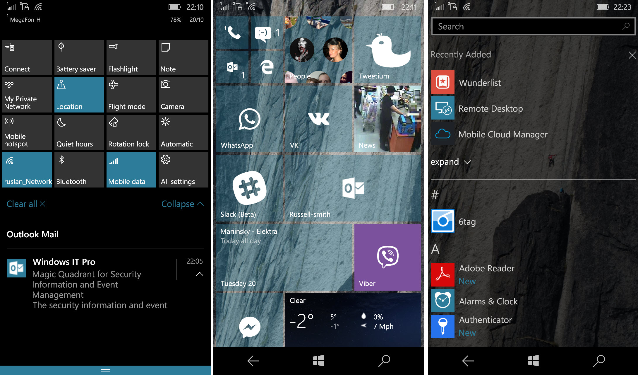 Action Center, Notifications and All Apps menu in Windows 10 Mobile (Image Credit: Russell Smith)