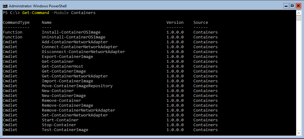 The list of cmdlets available for containers in Windows Server 2016 Technical Preview 3 (Image Credit: Aidan Finn)