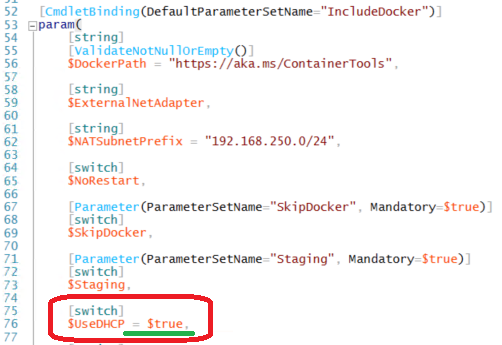 The modified DHCP parameter in the Install-ContainerHpst script (Image Credit: Aidan Finn)