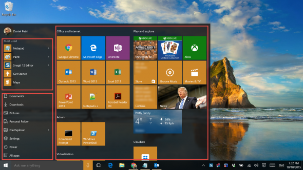 The Windows 10 Start menu. (Image Credit: Daniel Petri)