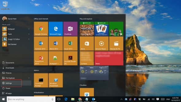 Accessing Settings from the Windows 10 Start menu. (Image Credit: Daniel Petri) 