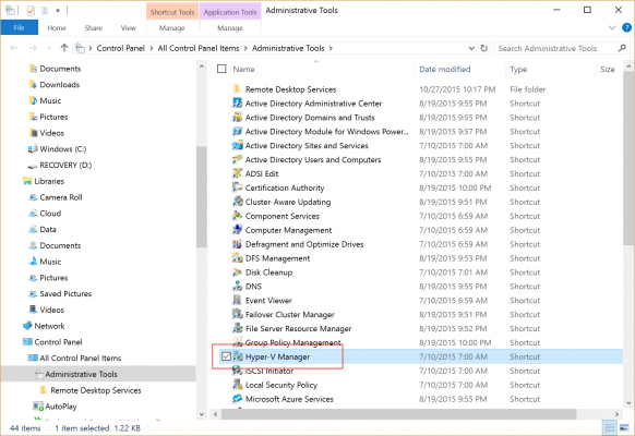 Hyper-V Manager is now listed in administrative tools. (Image Credit: Daniel Petri)