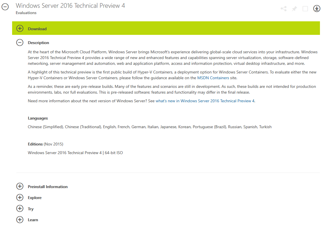 The download site for Windows Server 2016 Technical Preview 4 (Image credit: Microsoft)