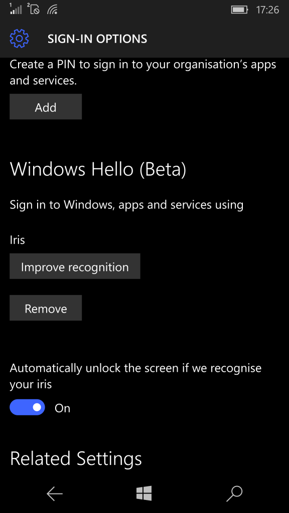Configure Windows Hello in Windows 10 Mobile (Image Credit: Russell Smith)