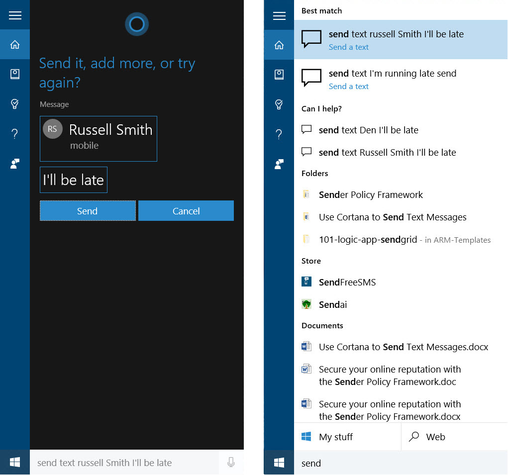 Sending text messages using Cortana on Windows 10 and Windows 10 Mobile (Image Credit: Russell Smith)