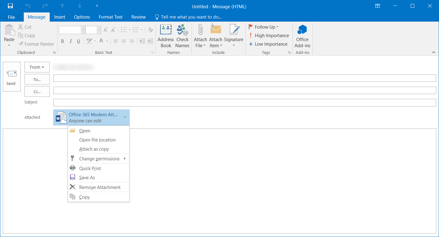 Adding a modern attachment in Outlook 2016 (Image Credit: Russell Smith)
