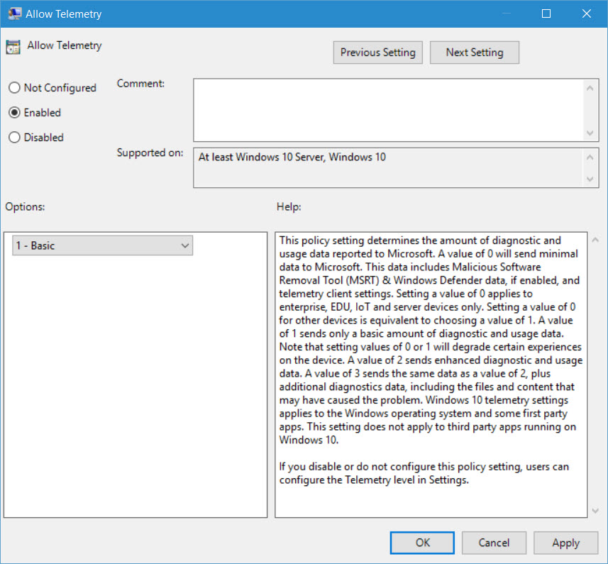 Setting the telemetry level in Windows 10 using Group Policy (Image Credit: Russell Smith)